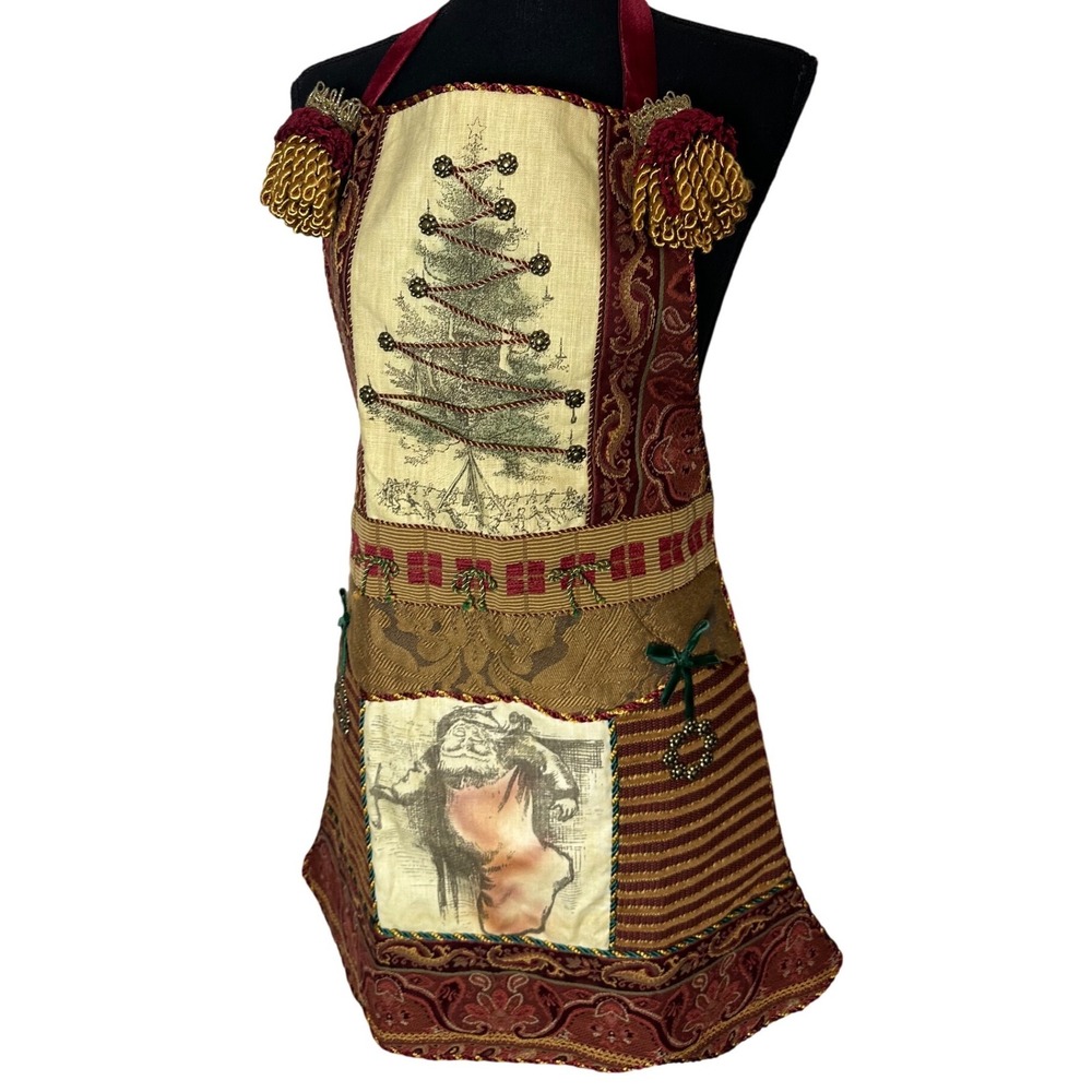 OOAK Victorian Brocade Christmas Apron Santa Tapestry TreeTassel Trim Art 2 wear